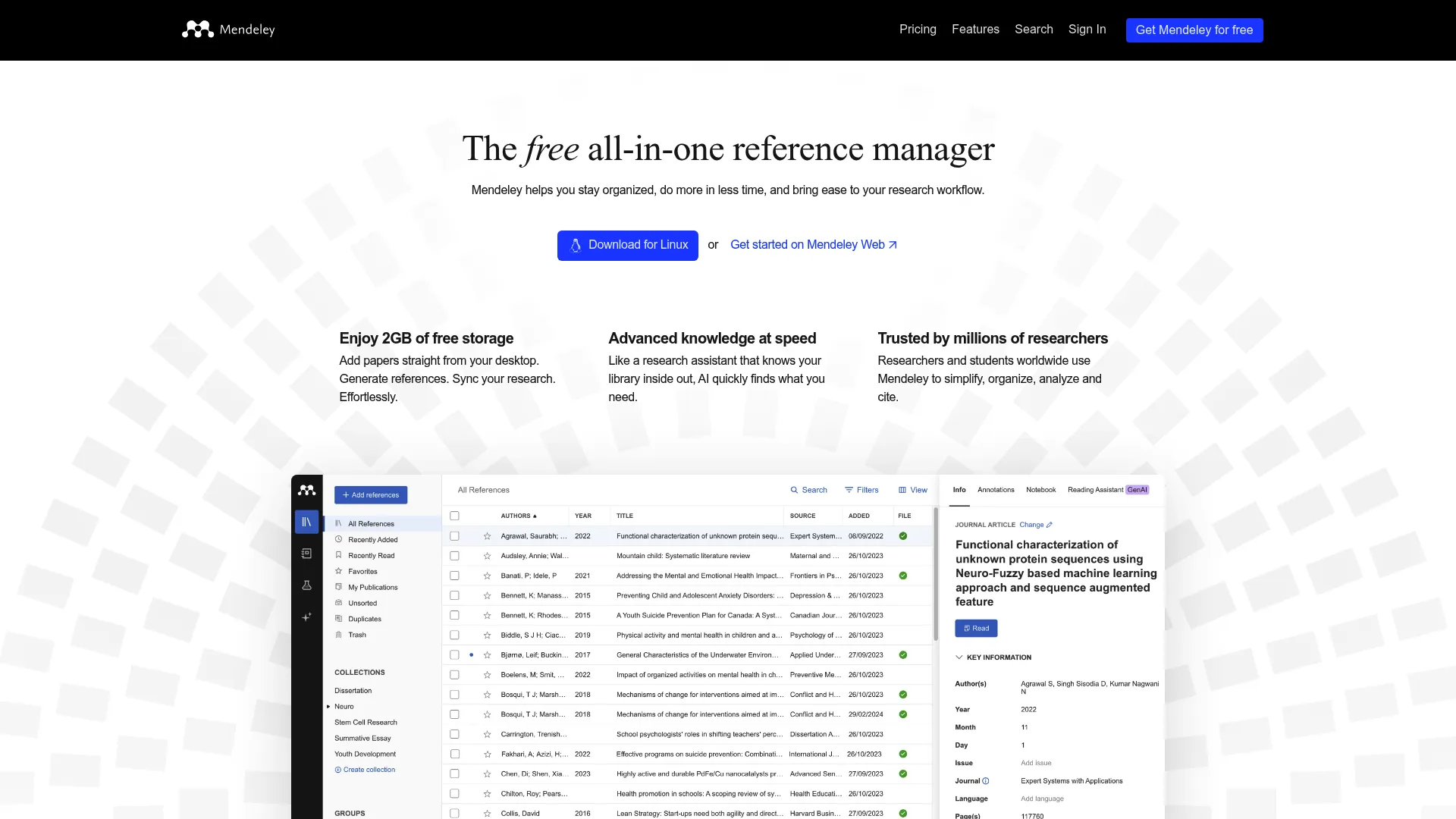 Mendeley reference manager showcasing PDF annotation and library interface