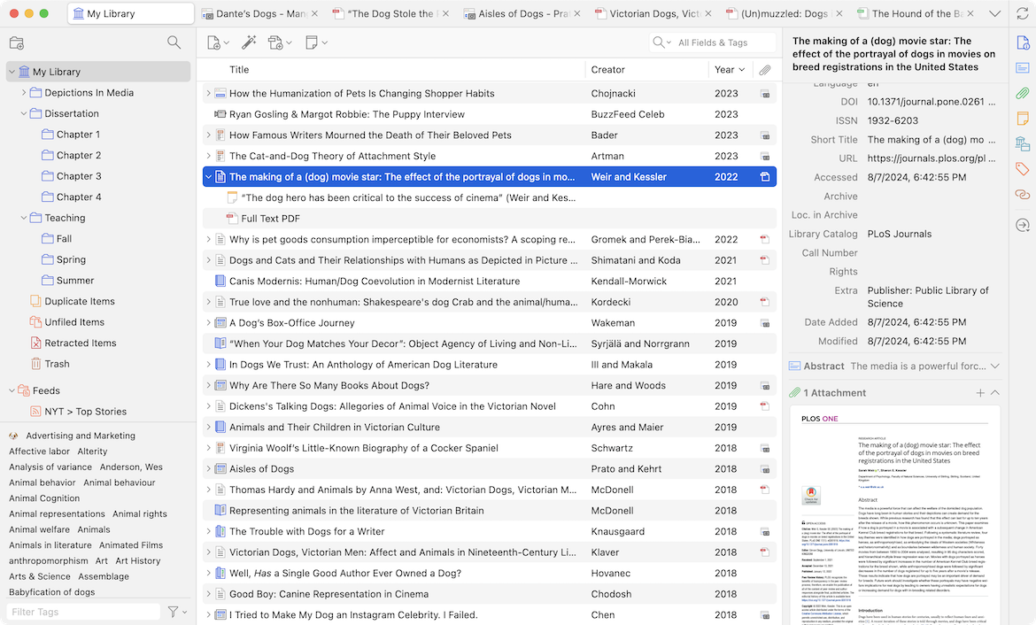 Zotero desktop screenshot showing library organization and tagging workflow