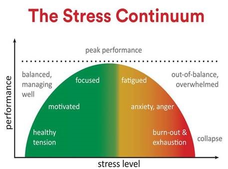 The Stress Continuum shows how stress progresses from productive motivation (green) to burnout (red)